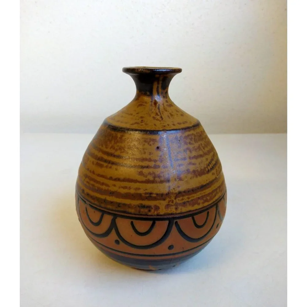 Studio Art Pottery Vase Narrow Neck Brown Stoneware Rustic Southwestern Decor